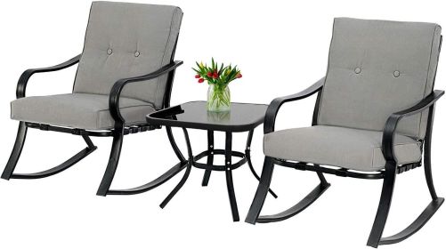 3 Piece Patio Chair, Outdoor Rocking Chairs Set with Coffee Table, Patio Chair (Color: Grey)